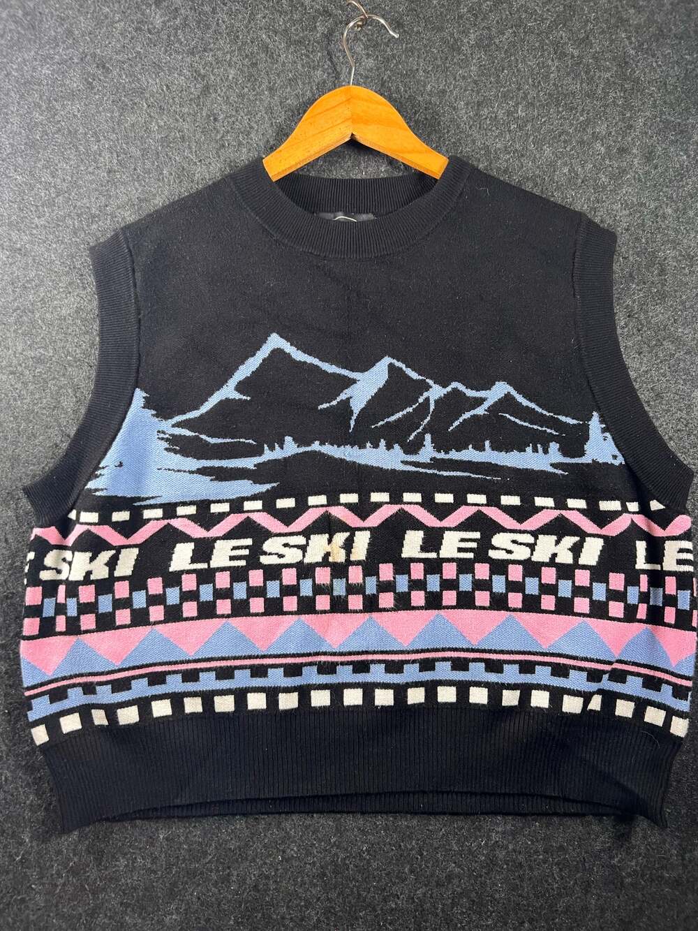 Cider Womens Ski Sweater Vest M Black Pink Blue Fair Isle Mountain Knit Y2K